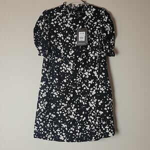 NWT Who What Wear Black White Puff Sleeve Smocked High‎ Neck Dress Small